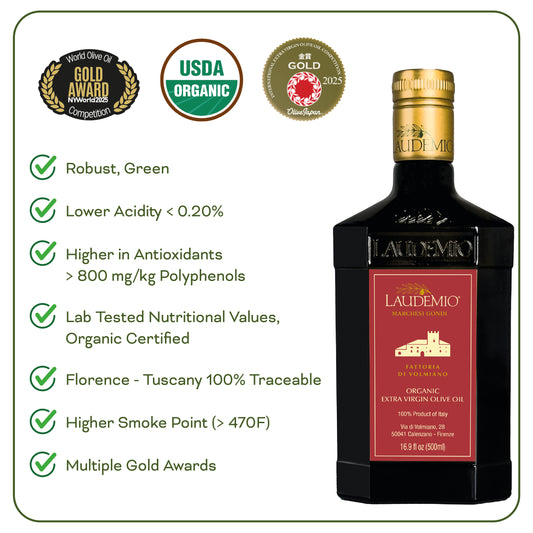 Laudemio Volmiano +800 mg/kg Polyphenols-Rich Tuscany Organic Extra Virgin Olive Oil, 16.9 fl oz