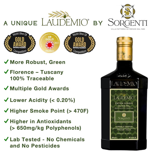Laudemio Sorgenti +650 mg/kg Polyphenols-Rich Tuscany Extra Virgin Olive Oil, 16.9 fl oz