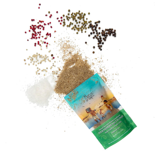 WellEatable Four Peppers Sea Salt Flower Condiment, Fleur de Sel, Fior di Sale, Flaky Artisanal Raw Sea Salt from Trapani, Sicily, Italy, with Four Peppers (Pink, Green, Black, White) - (150gr) 5.3 oz