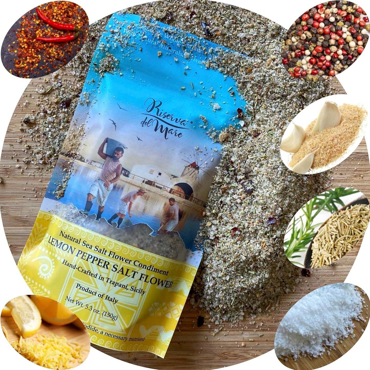 WellEatable Lemon Pepper Sea Salt Flower Condiment, Fleur de Sel, Fior di Sale, Flaky Artisanal Raw Sea Salt from Trapani, Sicily, Italy, with Only Natural Ingredients - (150gr) 5.3 oz