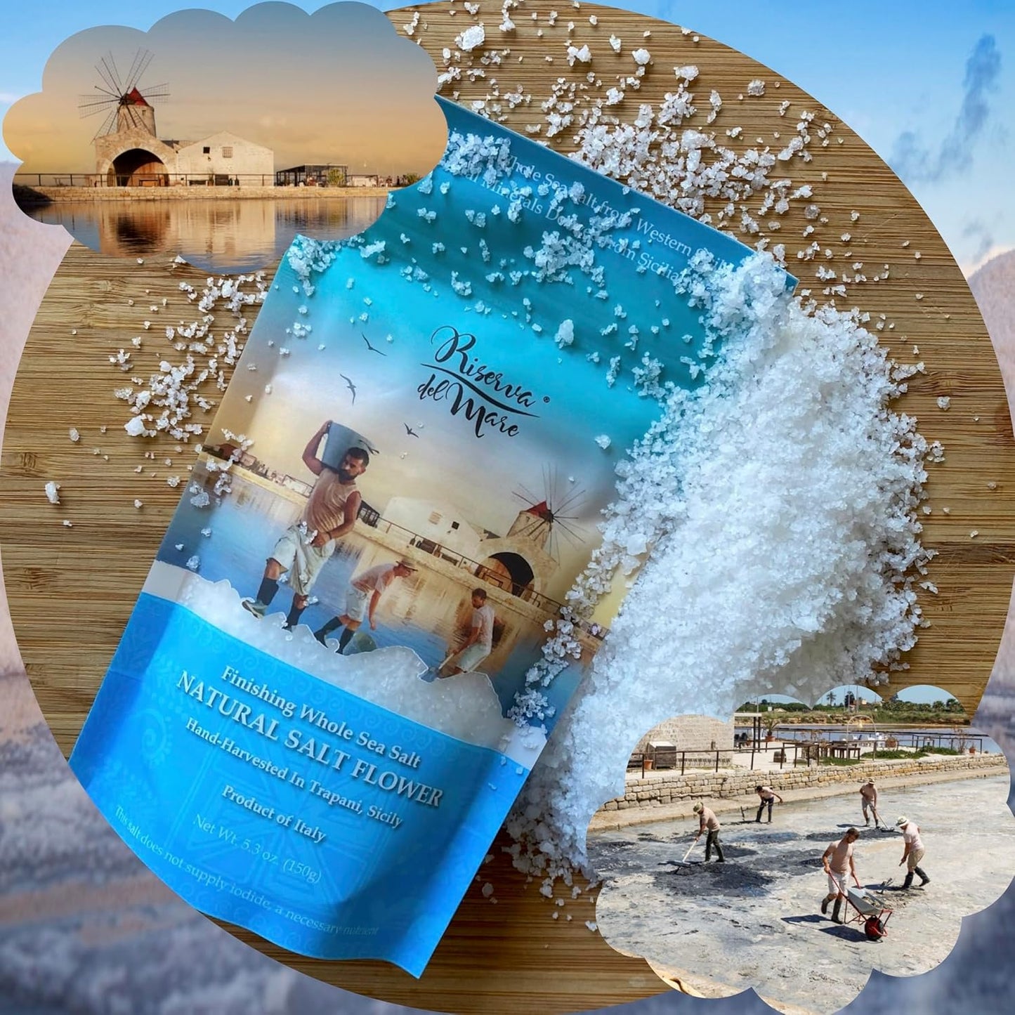 WellEatable Natural Sea Salt Flower, Fleur de Sel, Fior di Sale, Flaky Artisanal Raw Sea Salt from Trapani, Sicily, Italy - (150gr) 5.3 oz