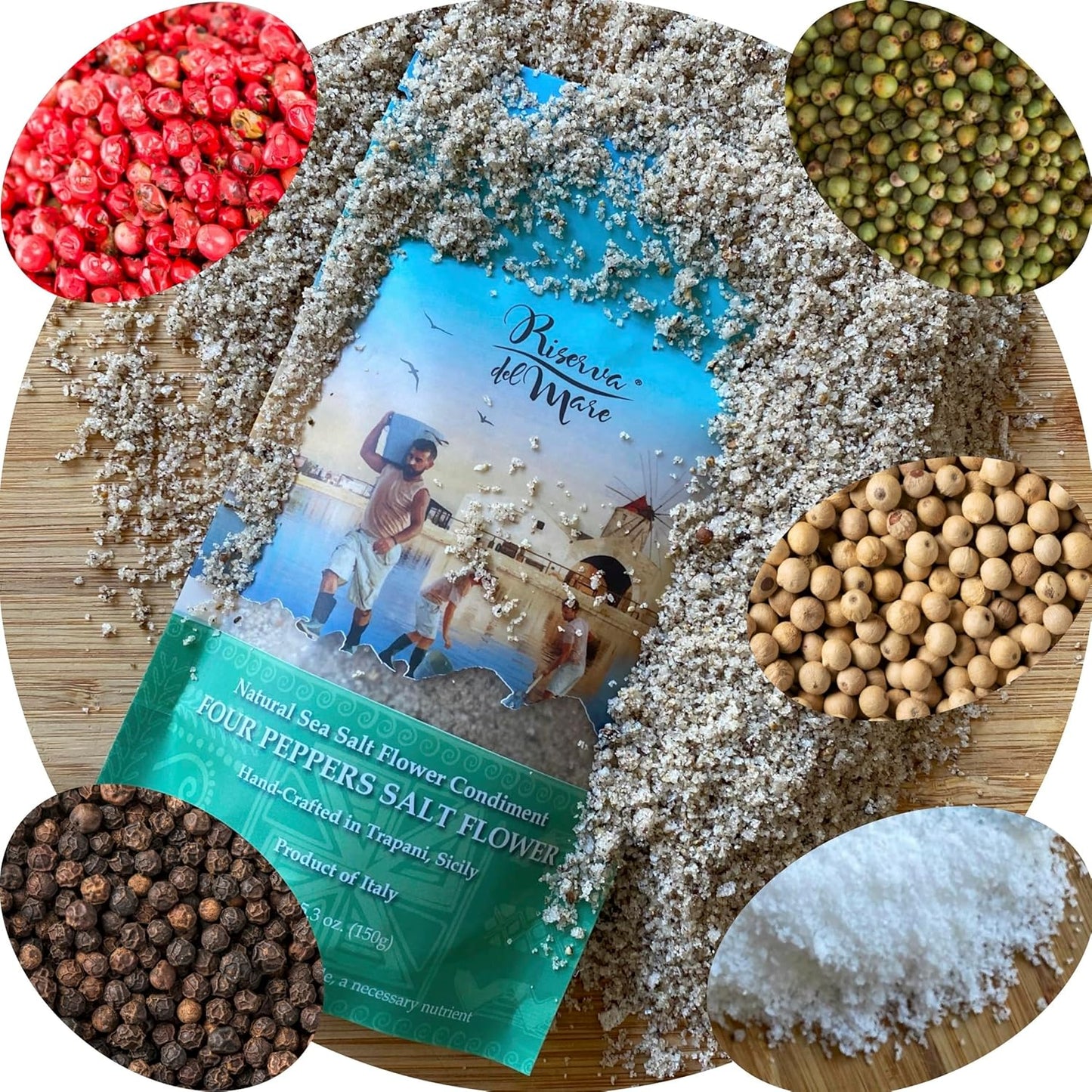 WellEatable Four Peppers Sea Salt Flower Condiment, Fleur de Sel, Fior di Sale, Flaky Artisanal Raw Sea Salt from Trapani, Sicily, Italy, with Four Peppers (Pink, Green, Black, White) - (150gr) 5.3 oz