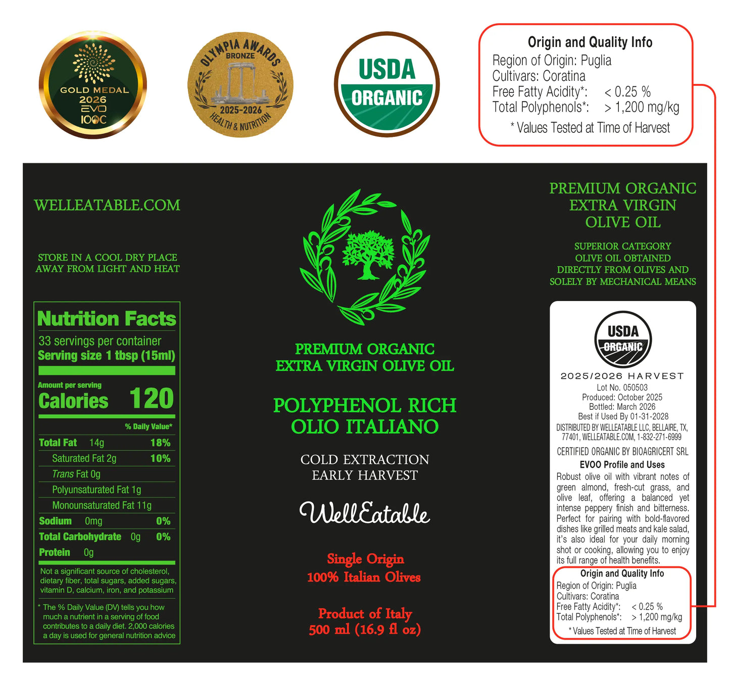 WellEatable +1,200 mg/kg High-Polyphenols Organic Extra Virgin Olive Oil, New 2025–2026 Harvest, Italiano, 16.9 fl oz