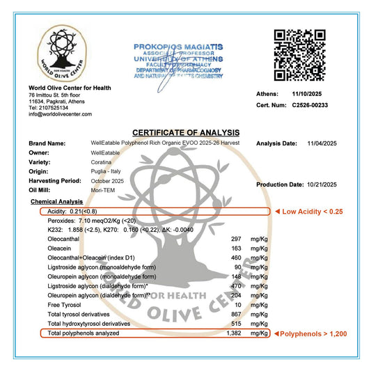 WellEatable +1,200 mg/kg High-Polyphenols Organic Extra Virgin Olive Oil, New 2025–2026 Harvest, Italiano, 16.9 fl oz