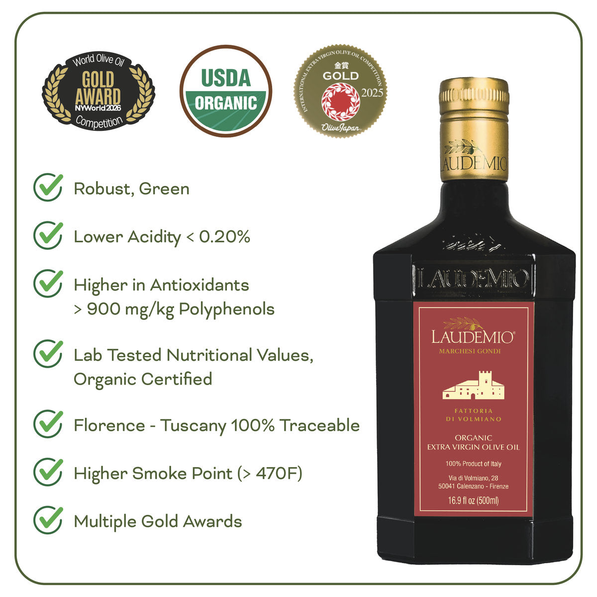 Laudemio Volmiano +900 mg/kg (2025-2026 Harvest) Polyphenols-Rich Tuscany Organic Extra Virgin Olive Oil, 16.9 fl oz