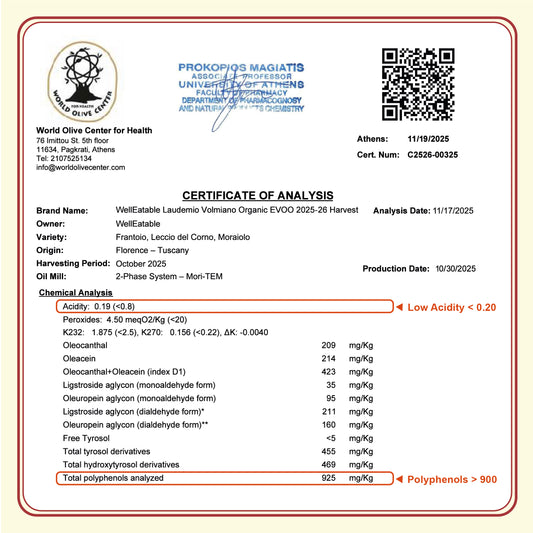 Laudemio Volmiano +900 mg/kg (2025-2026 Harvest) Polyphenols-Rich Tuscany Organic Extra Virgin Olive Oil, 16.9 fl oz  (Pack Of 4)