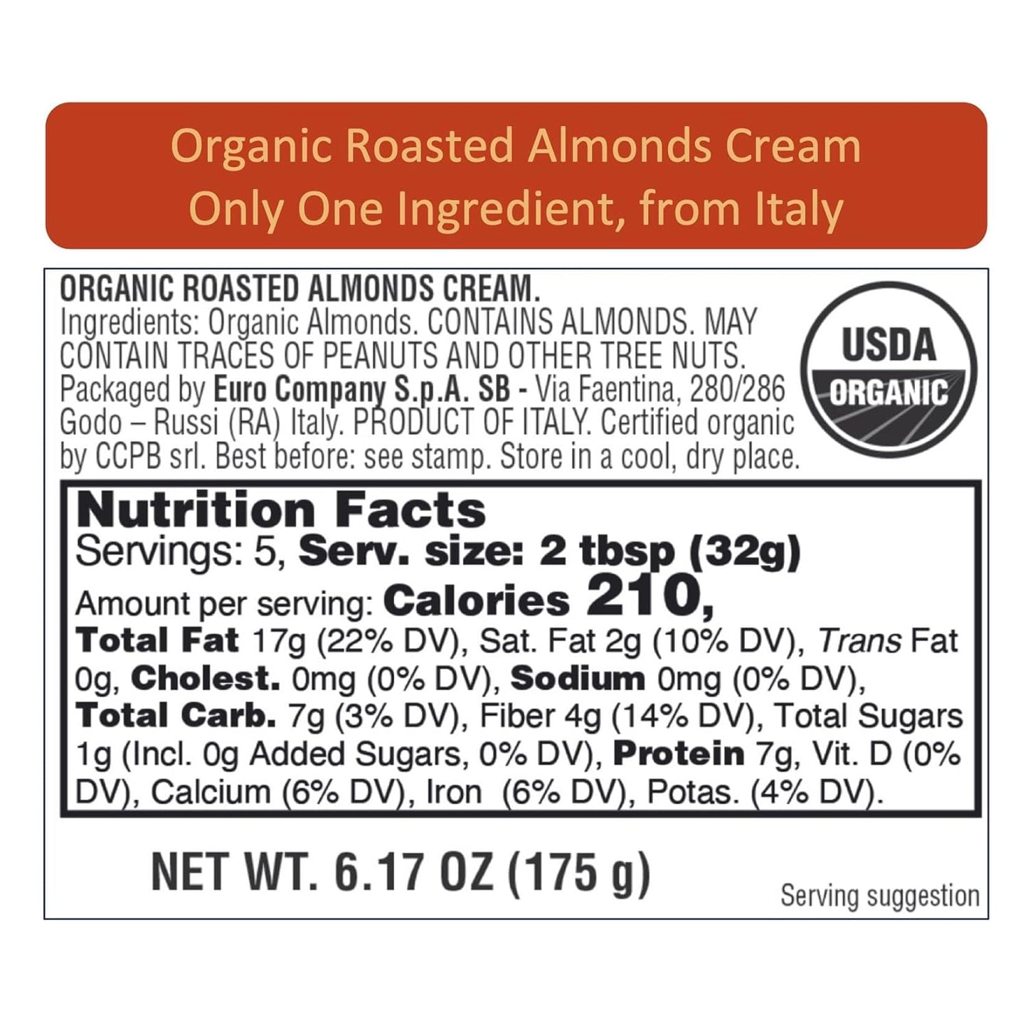 WellEatable Organic Roasted Almonds Cream, Only One Ingredient – 100% Italian Almonds, No Sugar Added, No Palm Oil, Vegan, Paleo, and Keto Friendly, Non-GMO, 4 x 6.2 Ounce (Pack of 4)