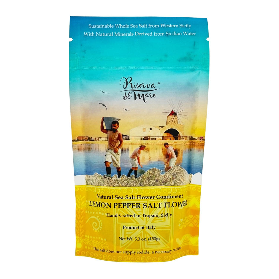 WellEatable Lemon Pepper Sea Salt Flower Condiment, Fleur de Sel, Fior di Sale, Flaky Artisanal Raw Sea Salt from Trapani, Sicily, Italy, with Only Natural Ingredients - (150gr) 5.3 oz