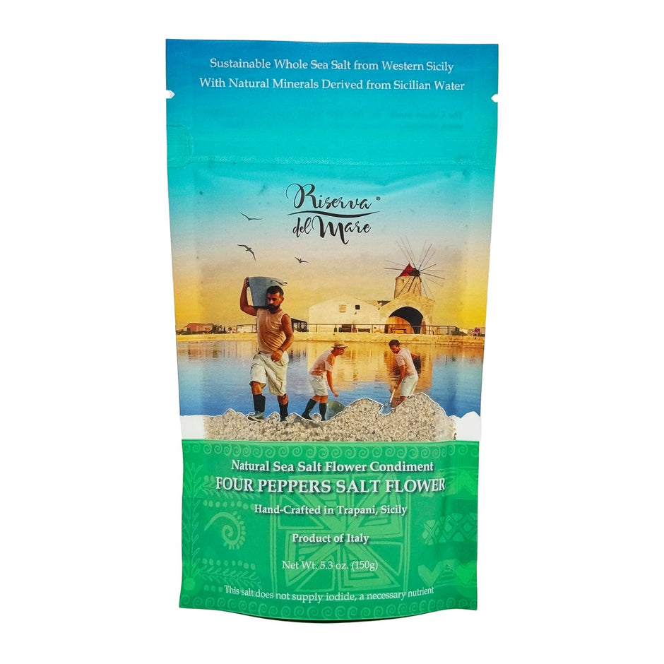 WellEatable Four Peppers Sea Salt Flower Condiment, Fleur de Sel, Fior di Sale, Flaky Artisanal Raw Sea Salt from Trapani, Sicily, Italy, with Four Peppers (Pink, Green, Black, White) - (150gr) 5.3 oz