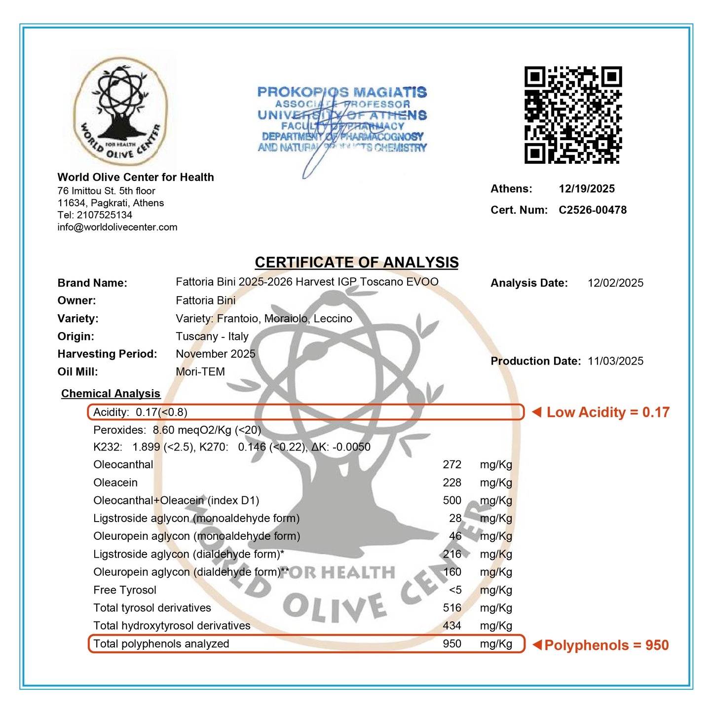 Fattoria Bini Tuscany Extra Virgin Olive Oil from Italy – 2025 Gold Award Winner, 900+ mg/kg Polyphenol-Rich Cold-Pressed evoo – No pesticides, Versatile for Drinking, Cooking & Finishing Use (Pack Of 4)