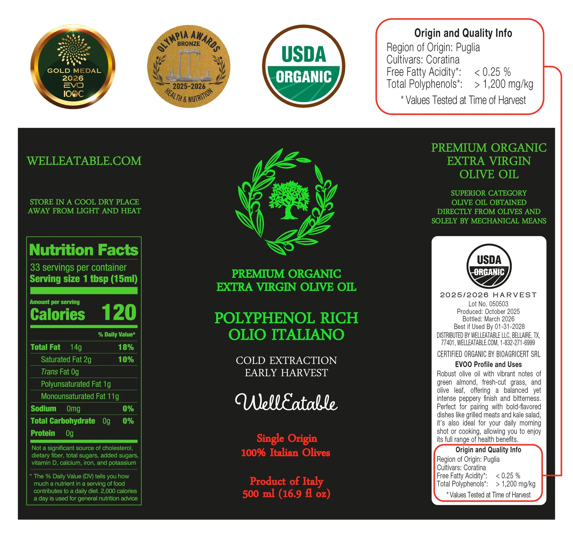 WellEatable +1,200 mg/kg High-Polyphenols Organic Extra Virgin Olive O