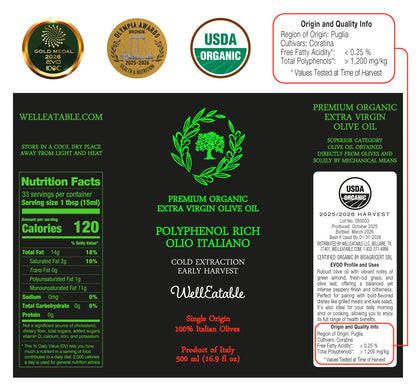 WellEatable +1,200 mg/kg High-Polyphenols Organic Extra Virgin Olive Oil, New 2025–2026 Harvest, Italiano, 16.9 fl oz