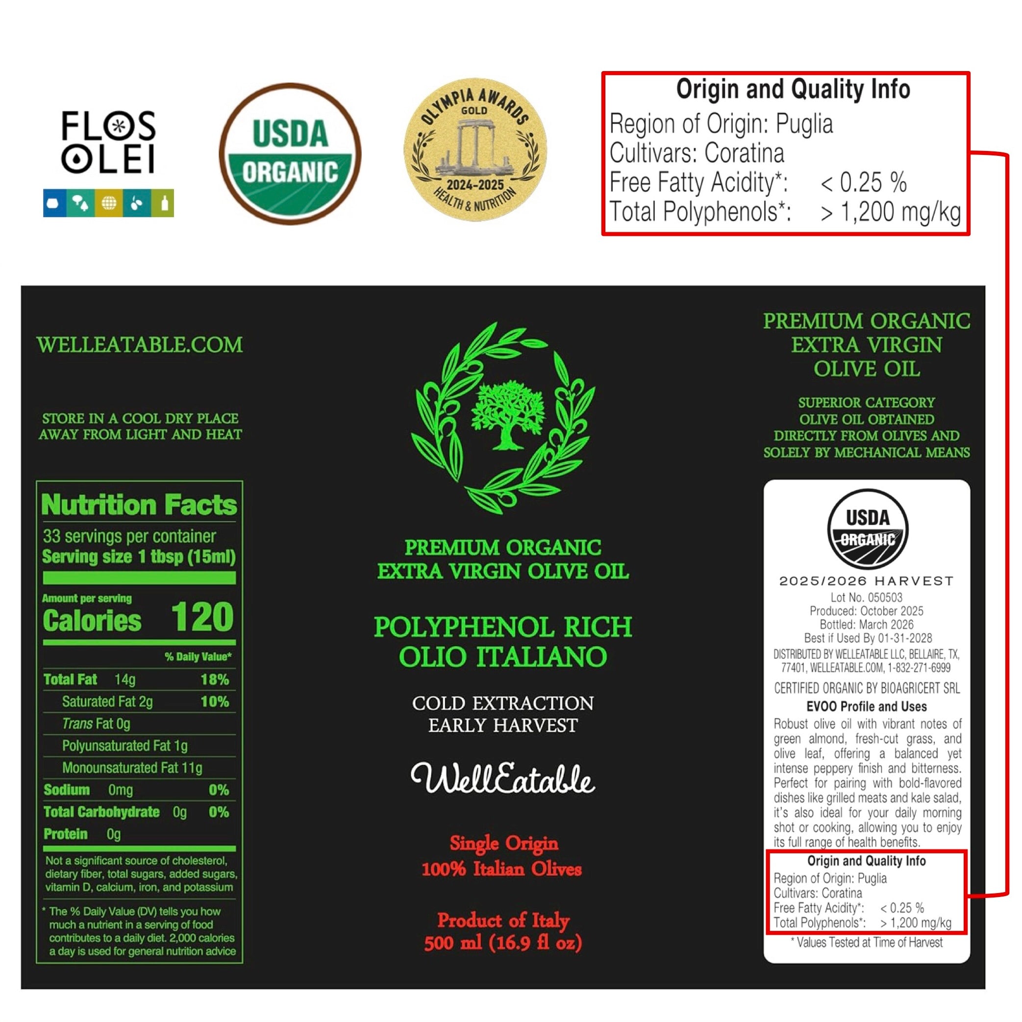 WellEatable +1,200 mg/kg High-Polyphenols Organic Extra Virgin Olive O
