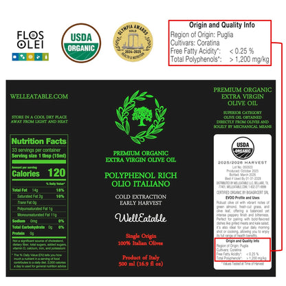 WellEatable +1,200 mg/kg High-Polyphenols Organic Extra Virgin Olive Oil, New 2025–2026 Harvest, Italiano, 16.9 fl oz
