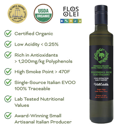 WellEatable +1,200 mg/kg High-Polyphenols Organic Extra Virgin Olive Oil, New 2025–2026 Harvest, Italiano, 16.9 fl oz