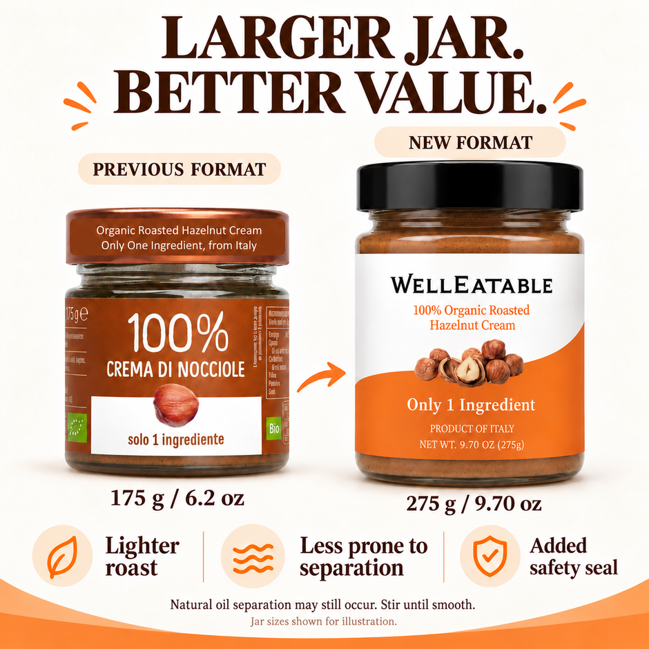 Larger jar, better value: previous 175 g and new 275 g hazelnut cream, lighter roast, less separation and added safety seal