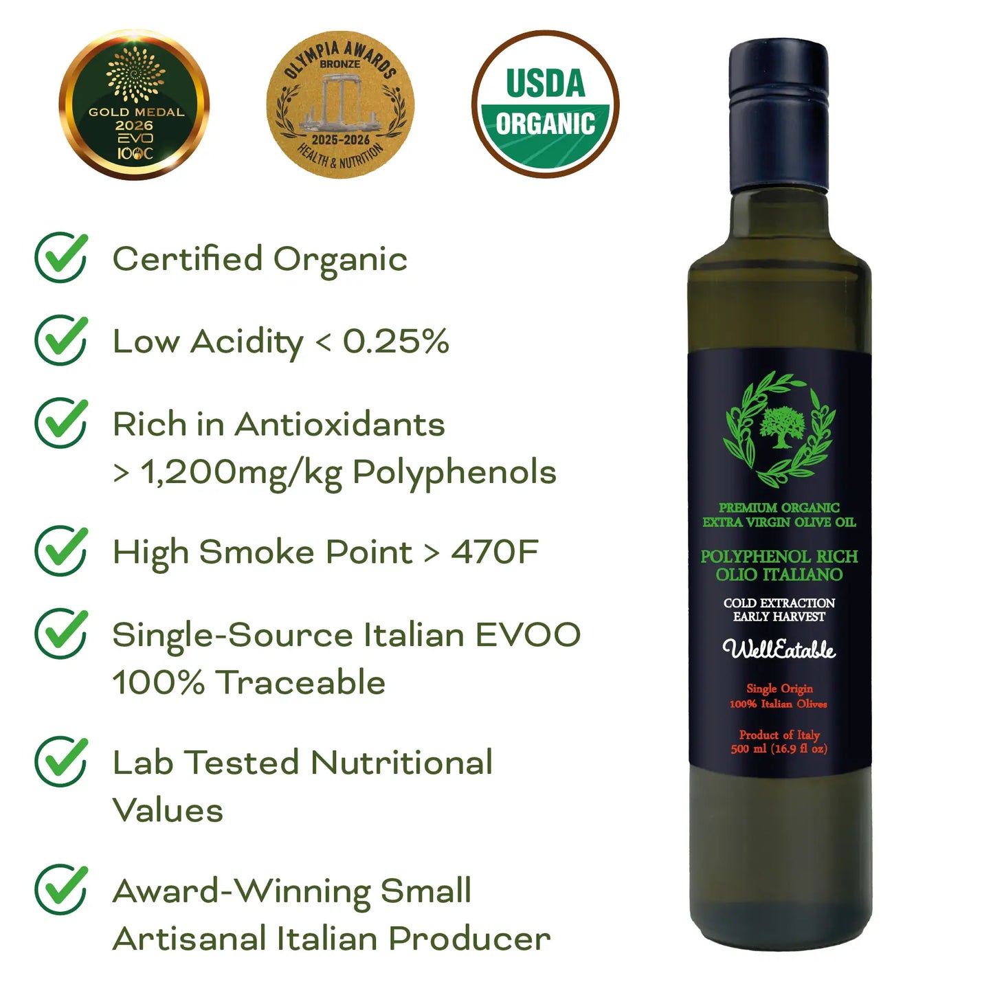 WellEatable +1,200 mg/kg High-Polyphenols Organic Extra Virgin Olive Oil, New 2025–2026 Harvest, Italiano, 16.9 fl oz