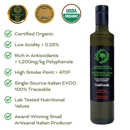 WellEatable +1,200 mg/kg High-Polyphenols Organic Extra Virgin Olive Oil, New 2025–2026 Harvest, Italiano, 16.9 fl oz