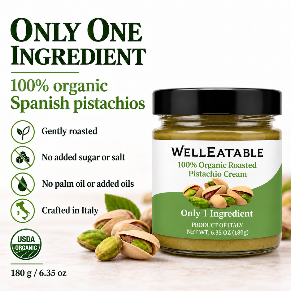 WellEatable organic Spanish pistachio cream, gently roasted, one ingredient, crafted in Italy, 180 g