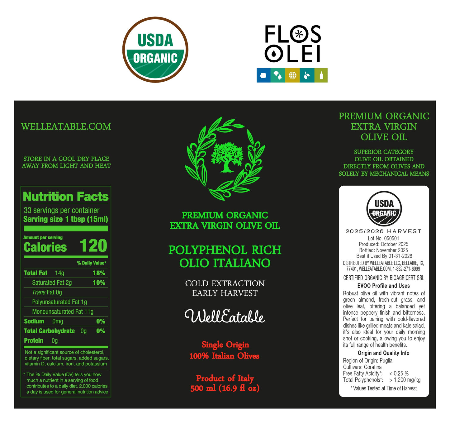 WellEatable +1,200 mg/kg High-Polyphenols Organic Extra Virgin Olive Oil, New 2025–2026 Harvest (Air-Freight Early Release, Limited Batch), Italiano, 16.9 fl oz