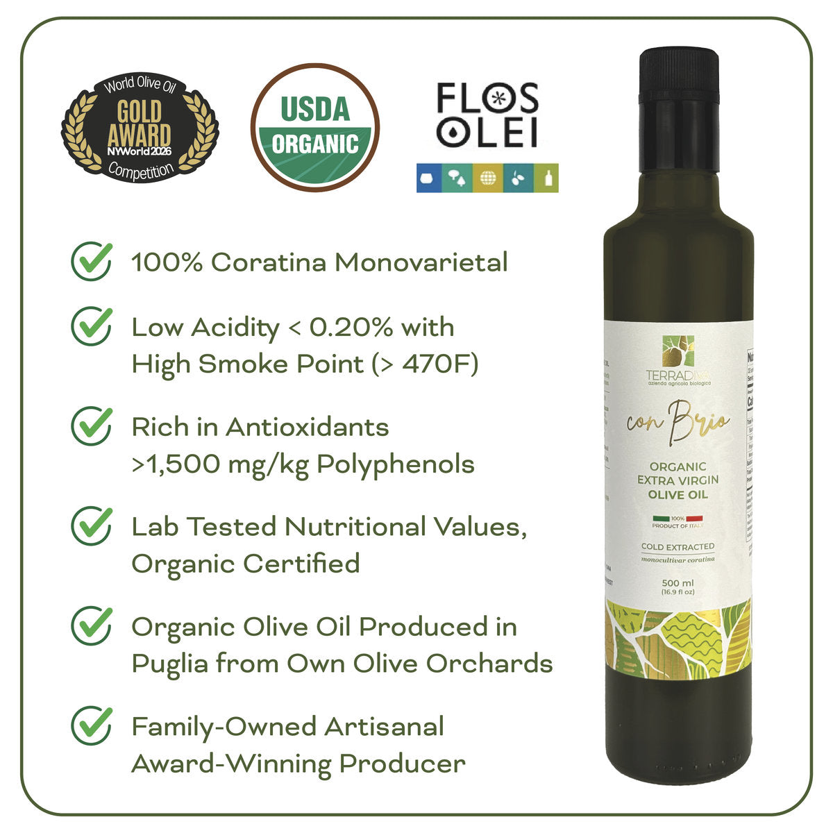 WellEatable +1,500 mg/kg High-Polyphenols Organic Extra Virgin Olive Oil, New 2025–2026 Harvest, Terradiva, 16.9 fl oz