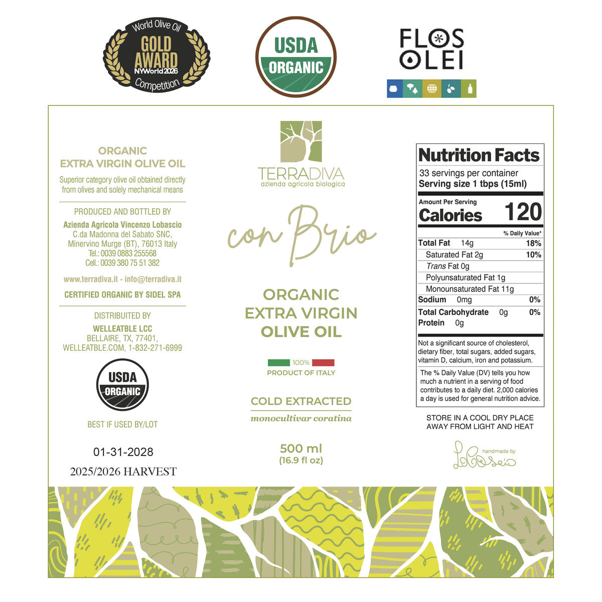 WellEatable +1,500 mg/kg High-Polyphenols Organic Extra Virgin Olive Oil, New 2025–2026 Harvest, Terradiva, 16.9 fl oz