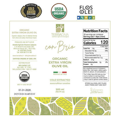 WellEatable +1,500 mg/kg High-Polyphenols Organic Extra Virgin Olive Oil, New 2025–2026 Harvest, Terradiva, 16.9 fl oz