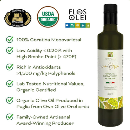 WellEatable +1,500 mg/kg High-Polyphenols Organic Extra Virgin Olive Oil, New 2025–2026 Harvest, Terradiva, 16.9 fl oz