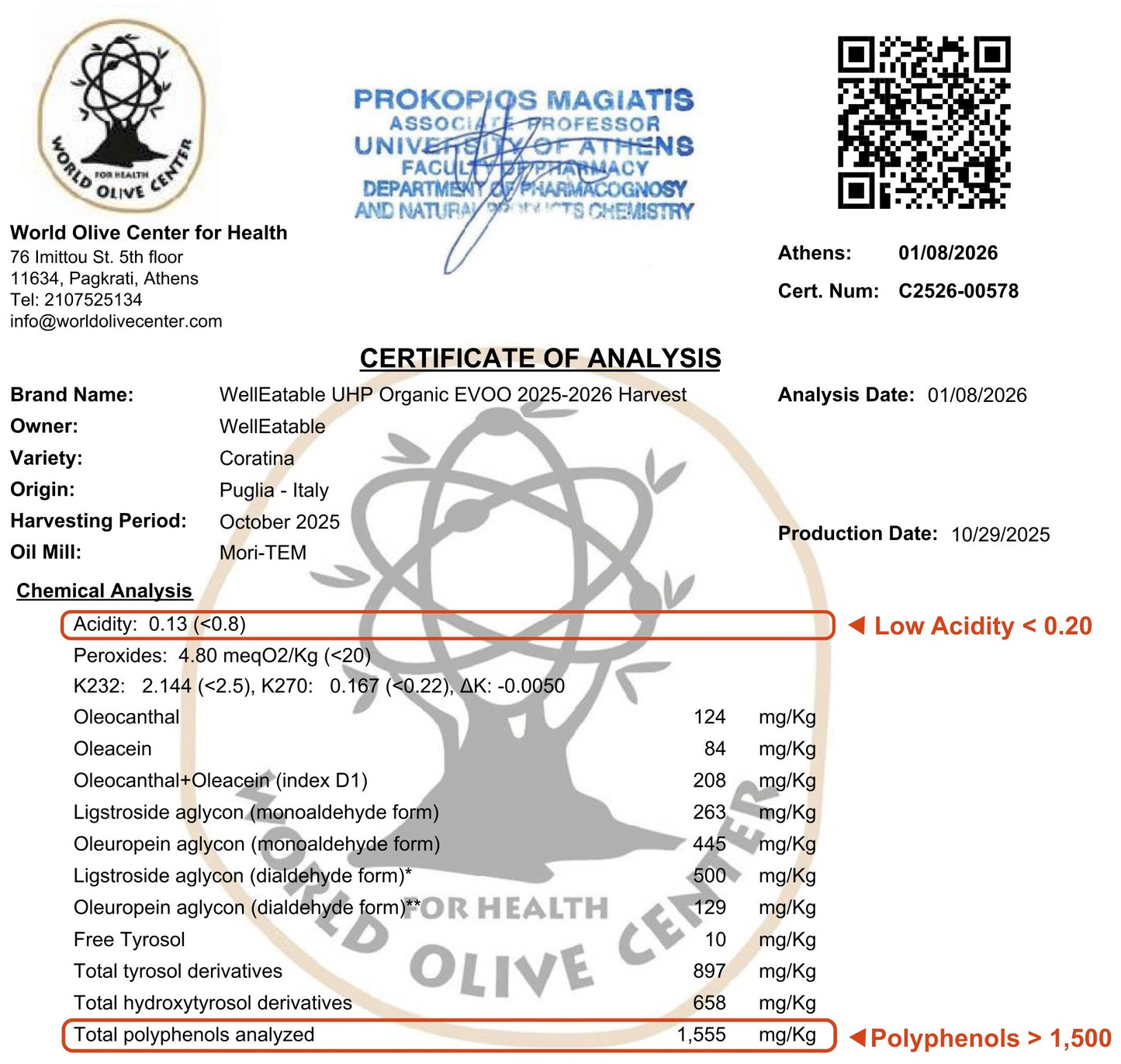WellEatable +1,500 mg/kg High-Polyphenols Organic Extra Virgin Olive Oil, New 2025–2026 Harvest, Terradiva, 16.9 fl oz