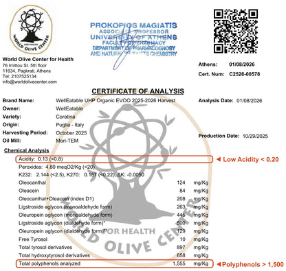 WellEatable +1,500 mg/kg High-Polyphenols Organic Extra Virgin Olive Oil, New 2025–2026 Harvest, Terradiva, 16.9 fl oz