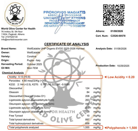 WellEatable +1,500 mg/kg High-Polyphenols Organic Extra Virgin Olive Oil, New 2025–2026 Harvest, Terradiva, 16.9 fl oz