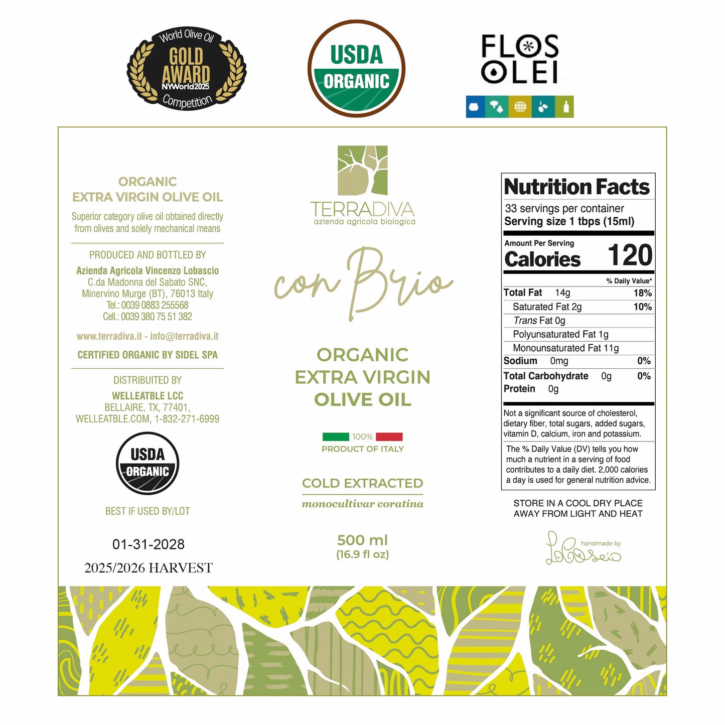 WellEatable +1,500 mg/kg High-Polyphenols Organic Extra Virgin Olive Oil, New 2025–2026 Harvest, Terradiva, 16.9 fl oz