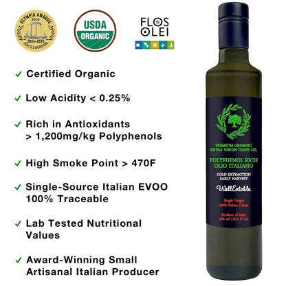 WellEatable Very High +1,000 mg/kg Polyphenols-Rich Extra Virgin Olive Oil, Olio Italiano, 16.9 fl oz