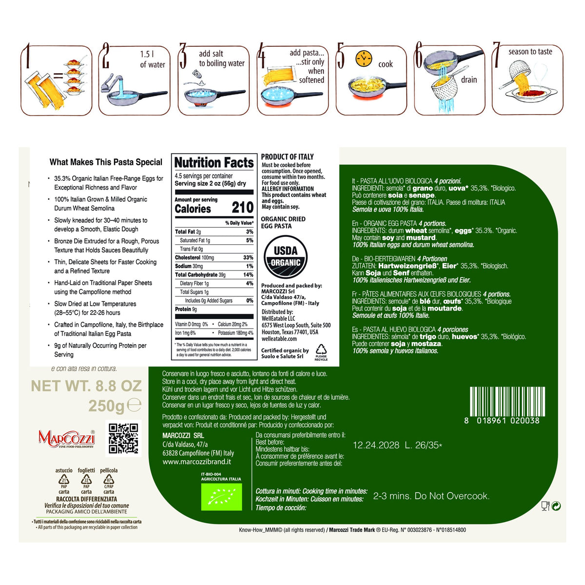 Fettuccine organic pasta — back label, ingredients, nutrition and cooking instructions