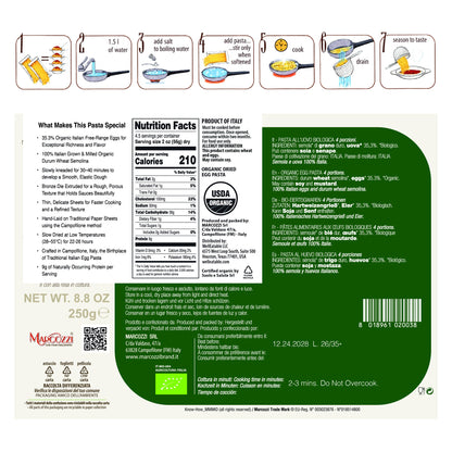 Fettuccine organic pasta — back label, ingredients, nutrition and cooking instructions