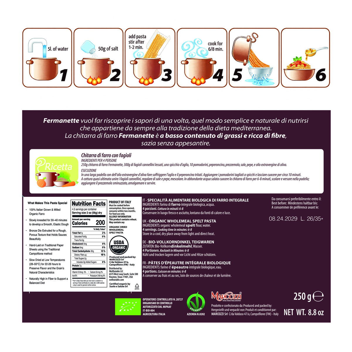 Whole-grain farro chitarra organic pasta — back label, ingredients, nutrition and cooking instructions