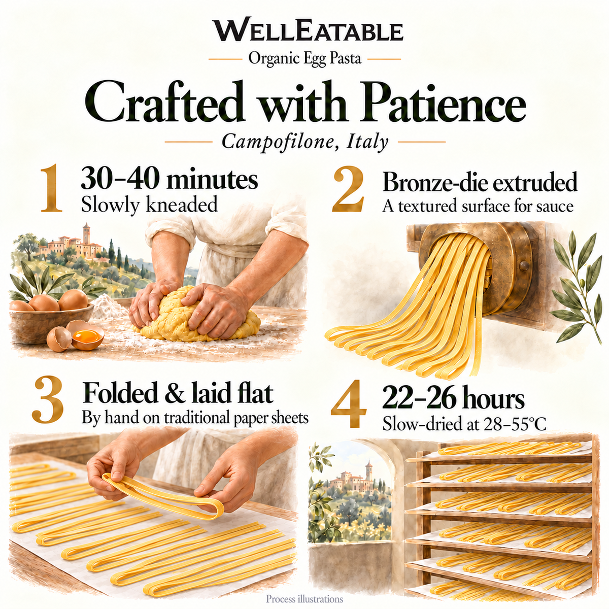 WellEatable organic fettuccine — narrow ribbons folded once and laid flat by hand