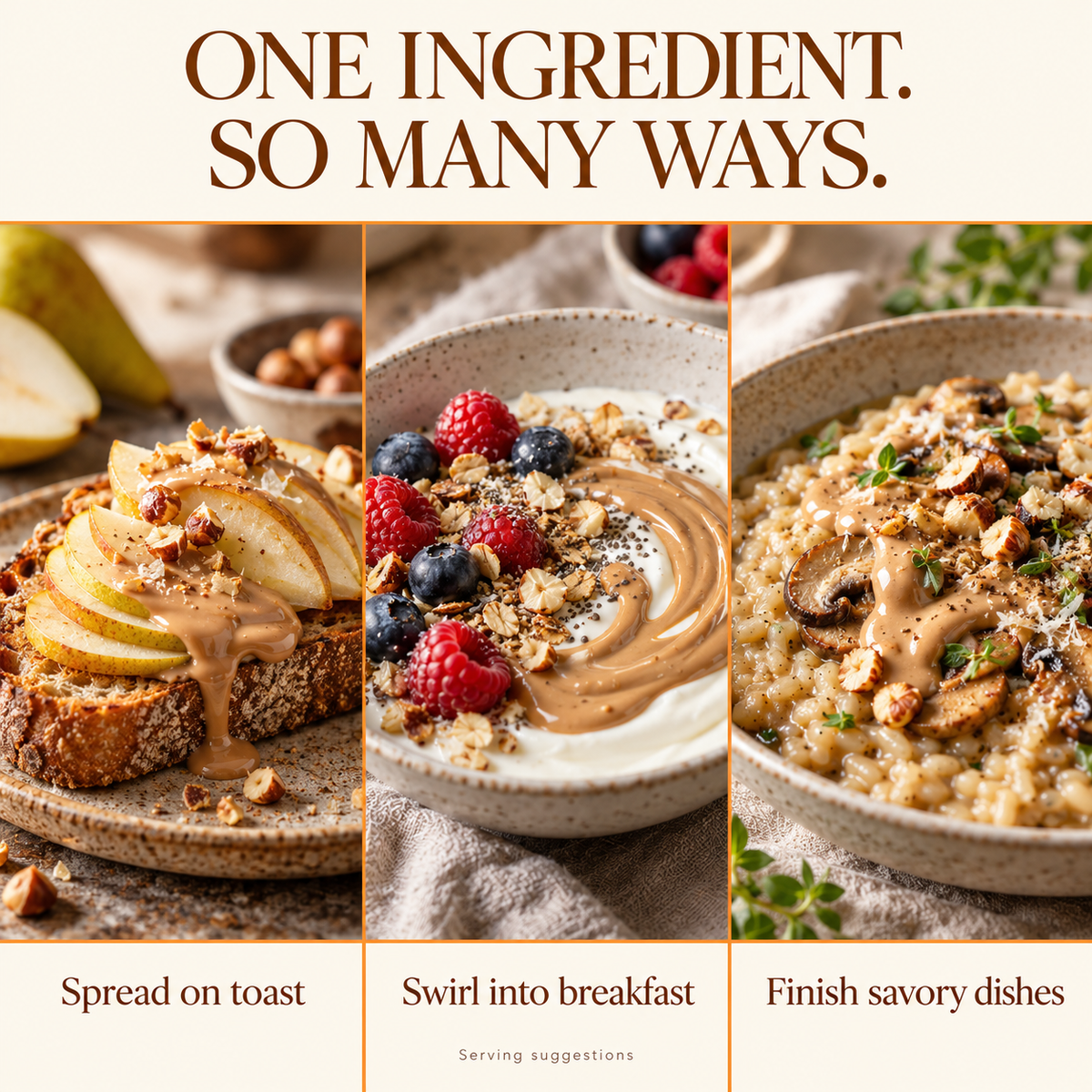 Hazelnut cream serving suggestions with pear toast, yogurt and mushroom risotto